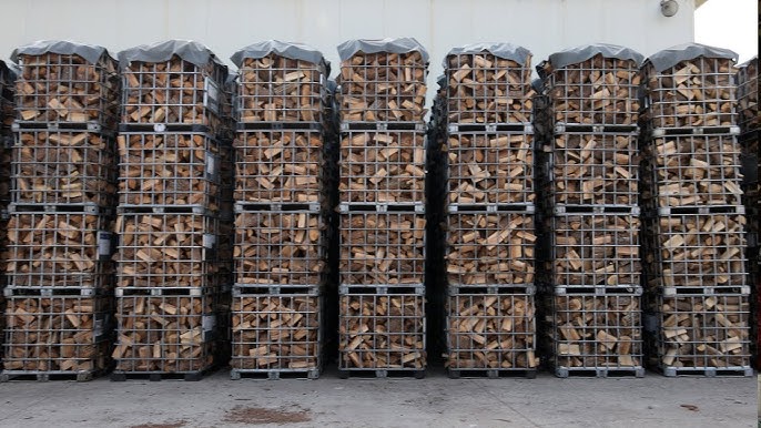 Firewood pallet-boxes wrapped and ready for wholesale export from Portugal