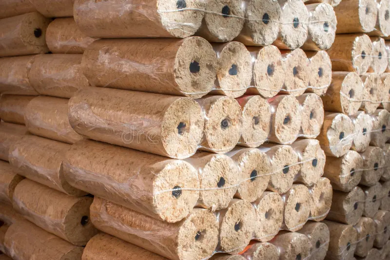 Compressed hardwood briquettes stacked for wholesale export from Portugal